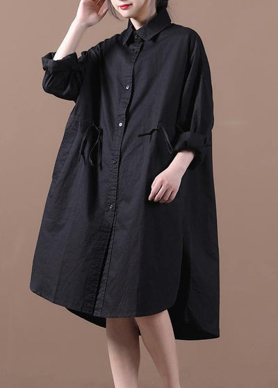 French lapel drawstring spring Wardrobes Neckline black Dress - SooLinen