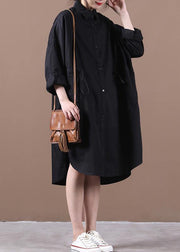 French lapel drawstring spring Wardrobes Neckline black Dress - SooLinen