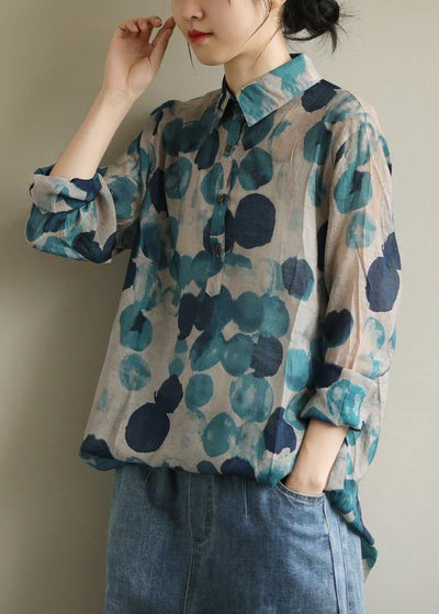 French lapel fall Tunic Wardrobes blue dotted blouses - SooLinen