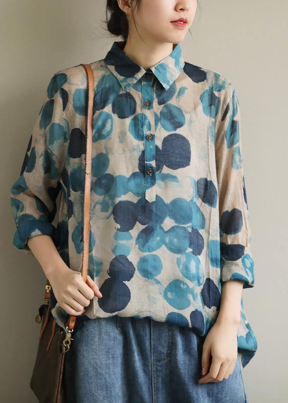 French lapel fall Tunic Wardrobes blue dotted blouses - SooLinen