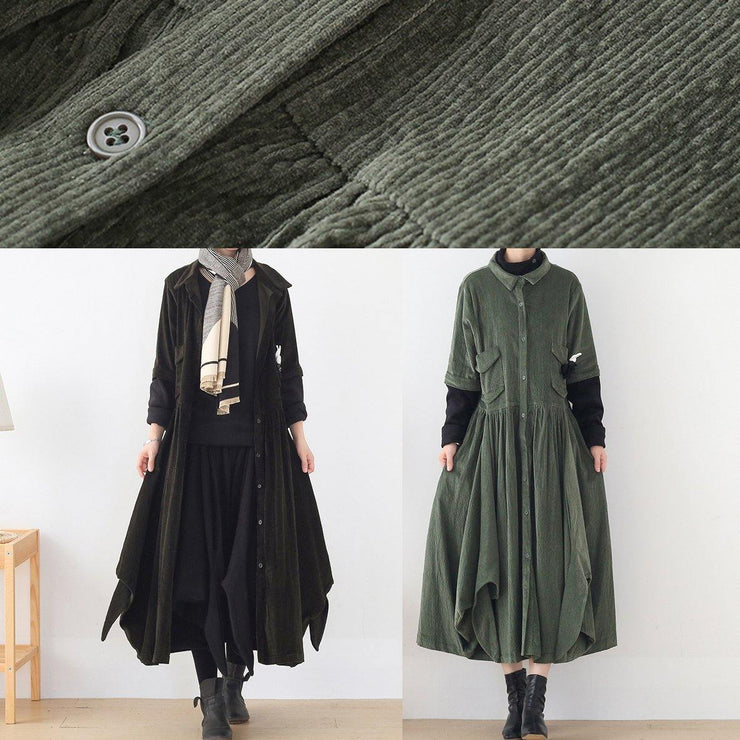 French lapel false two pieces clothes Women army green Kaftan Dress - SooLinen