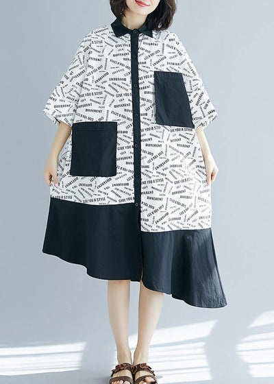 French lapel patchwork asymmetric Cotton white print Dresses summer - SooLinen