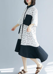 French lapel patchwork asymmetric Cotton white print Dresses summer - SooLinen