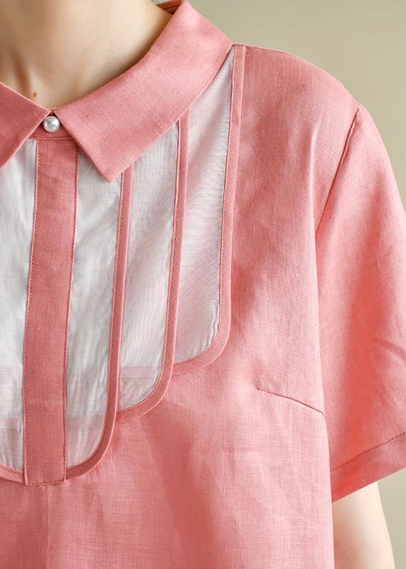 French lapel patchwork summer clothes For Women Shirts pink Dresses - SooLinen