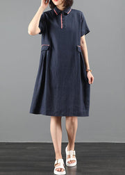 French lapel patchwork summer clothes Women Work navy Dress - SooLinen