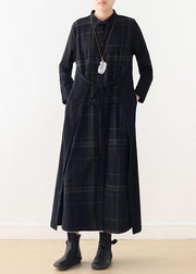 Baumwollkleid mit französischem Revers und Taillenbund Taillierte Hemden schwarz Kariertes Baumwollkleid Frühling