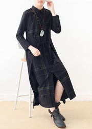 French lapel tie waist cotton dress Fitted Shirts black Plaid cotton Dress spring
