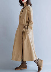 French lapel tie waist fine tunic coat khaki coats fall - SooLinen