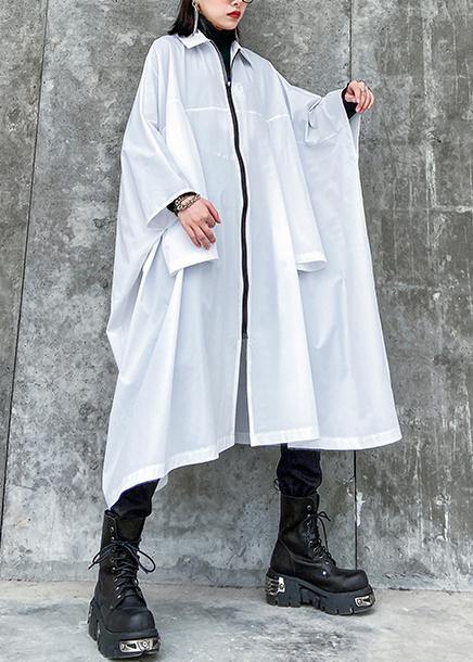 French lapel zippered Fashion crane coats white Midi women coats - SooLinen