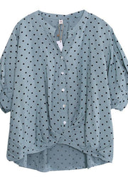 French light blue asymmetric dotted cotton shirts women v neck loose summer tops - SooLinen