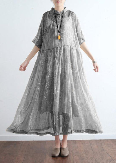 French light gray cotton dresses Mom Inspiration stand collar Art summer Dress - SooLinen
