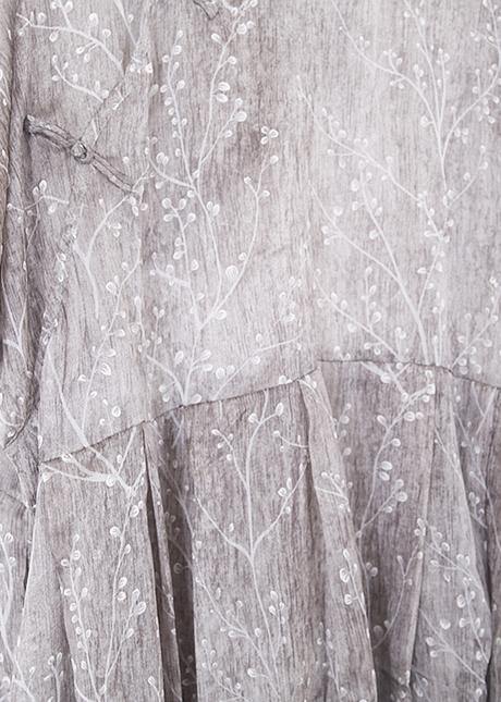 French light gray cotton dresses Mom Inspiration stand collar Art summer Dress - SooLinen