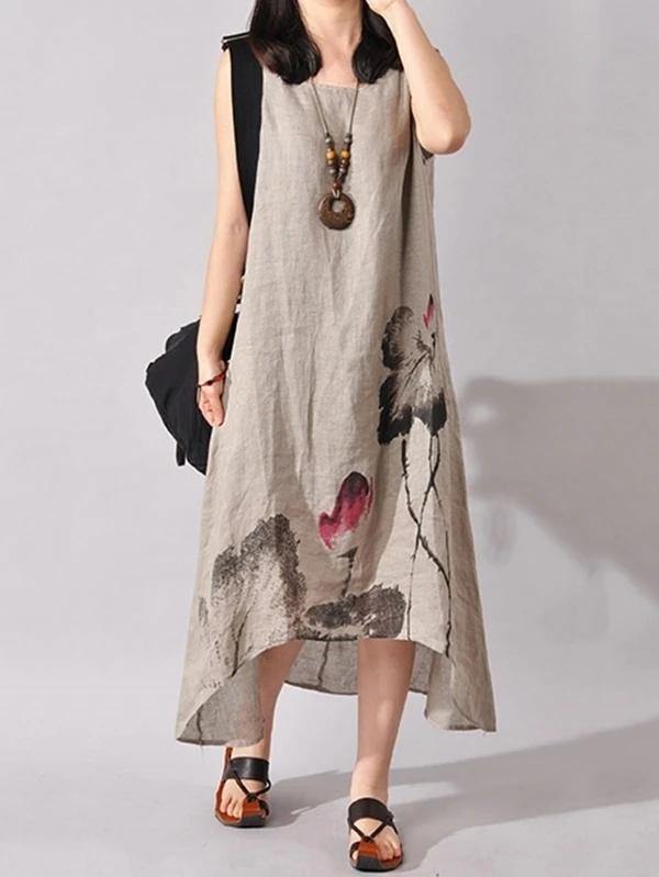 French light gray print cotton linen Soft Surroundings o neck sleeveless Dresses - SooLinen
