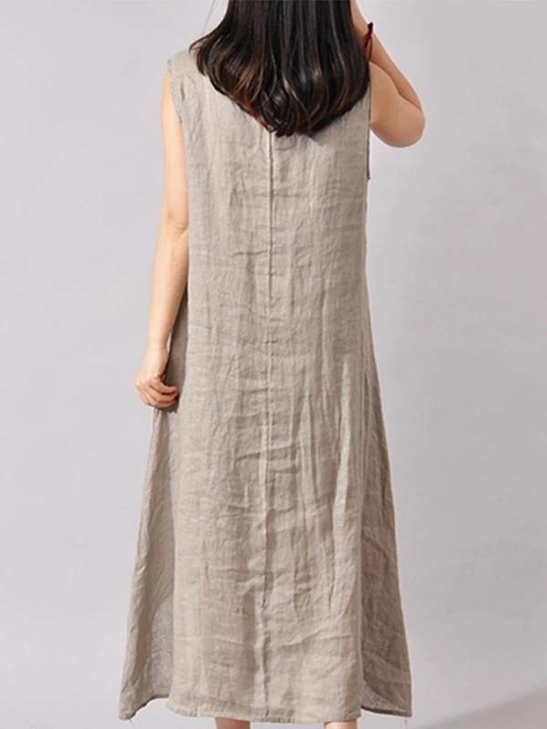 French light gray print cotton linen Soft Surroundings o neck sleeveless Dresses - SooLinen