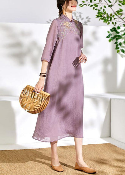 French light purple linen Wardrobes stand collar embroidery Maxi  Dresses - SooLinen