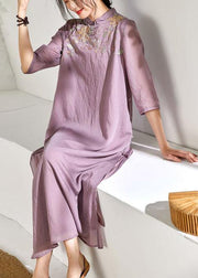 French light purple linen Wardrobes stand collar embroidery Maxi  Dresses - SooLinen