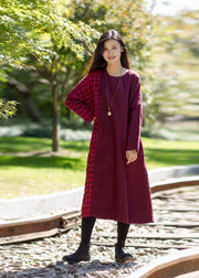 French linen Robes Metropolitan Museum Vintage Plaid Spliced Long Sleeve Midi Dress