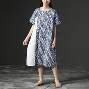French linen Wardrobes Fashion Linen Blue Round Neck Loose Commuter Dress