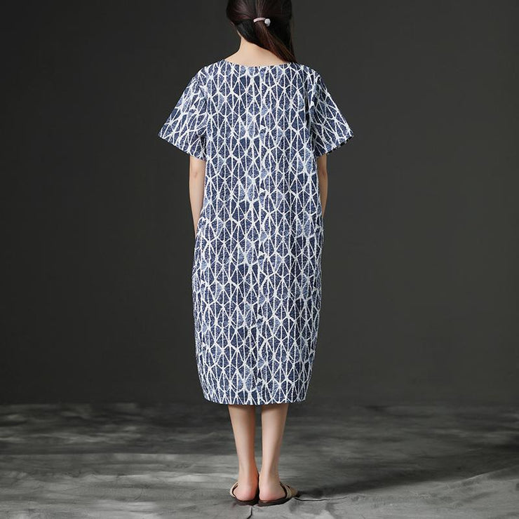 French linen Wardrobes Fashion Linen Blue Round Neck Loose Commuter Dress