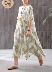 French linen clothes For Women Plus Size Cotton Linen Print Round Neck Dress - SooLinen
