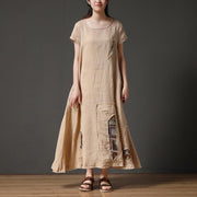 French linen clothes For Women Vintage Short Sleeve Beige Loose Women Round Neck Linen Dress