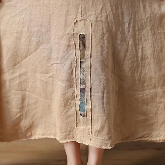 Französische Leinenkleidung für Damen Vintage Kurzarm Beige Lose Damen Rundhals Leinenkleid