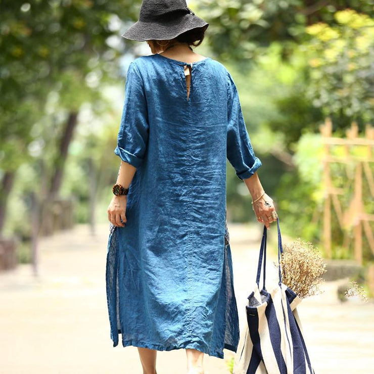 Französisches Leinenkleid plus Größe Langarm Casual Schlitz Pullover Kleid