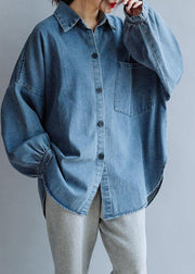French low high design cotton shirts women pattern denim blue blouse fall - SooLinen