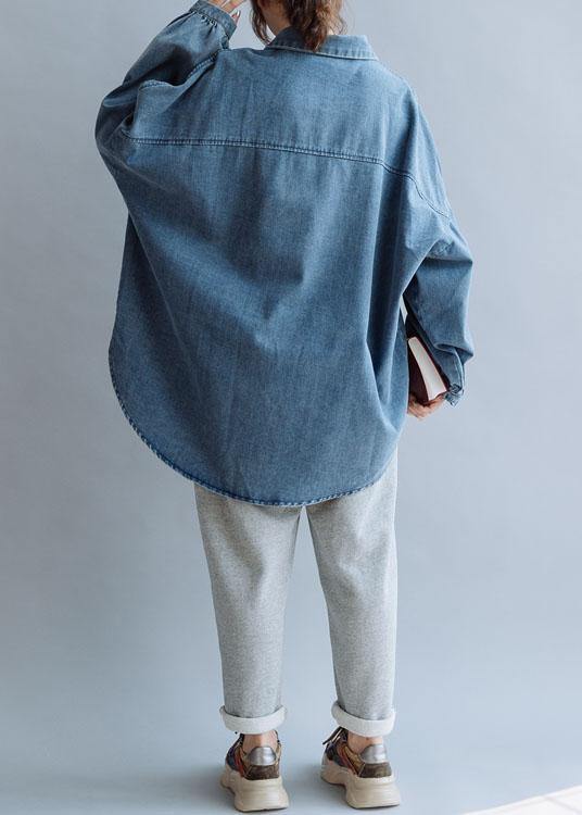 French low high design cotton shirts women pattern denim blue blouse fall - SooLinen