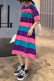 French multicolor Cotton quilting dresses plus size Neckline o neck side open shift summer Dress