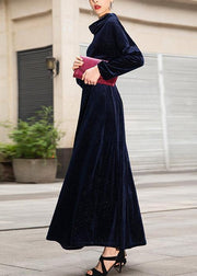 French navy cotton tunic top long sleeve long big hem Dresses - SooLinen