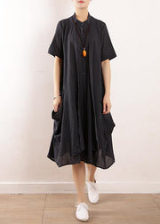 French navy linen cotton Soft Surroundings Boho Wardrobes short sleeve Maxi summer Dress - SooLinen