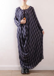 French navy plaid cotton clothes Women asymmetric Art autumn Dresses - SooLinen