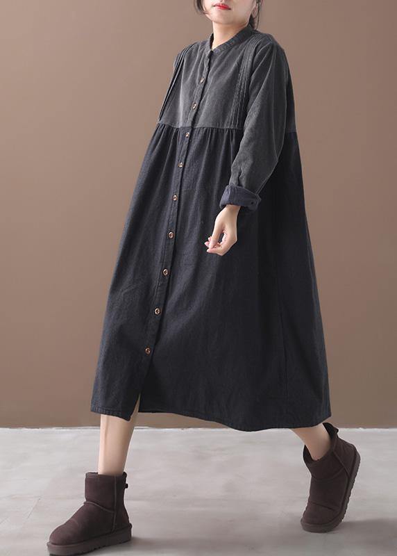French o neck Button patchwork black plaid Dress - SooLinen