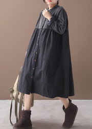 French o neck Button patchwork black plaid Dress - SooLinen