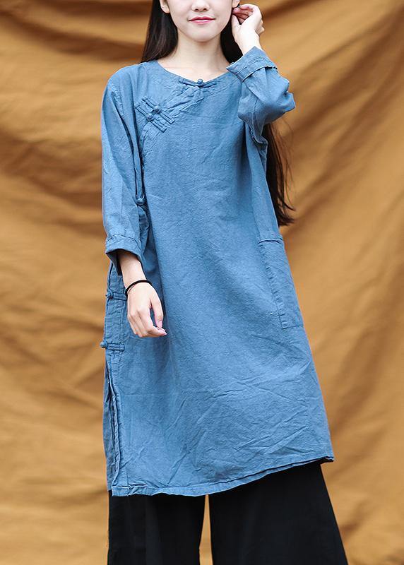 French o neck Chinese Button dresses Runway blue Dresses - SooLinen