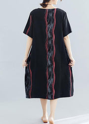 French o neck Cotton Long black print Dress summer - SooLinen