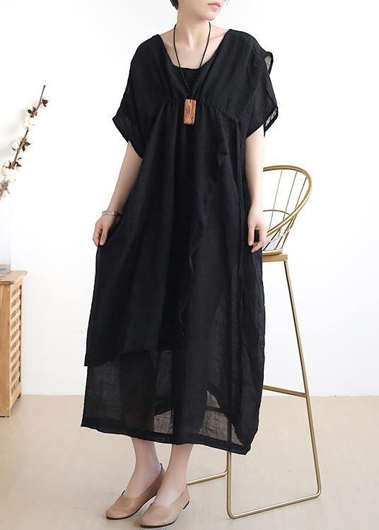 French o neck asymmetric cotton summer dress Sewing black Dresses - SooLinen