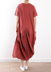 French o neck asymmetric linen clothes Casual Photography red loose Dress Summer - SooLinen