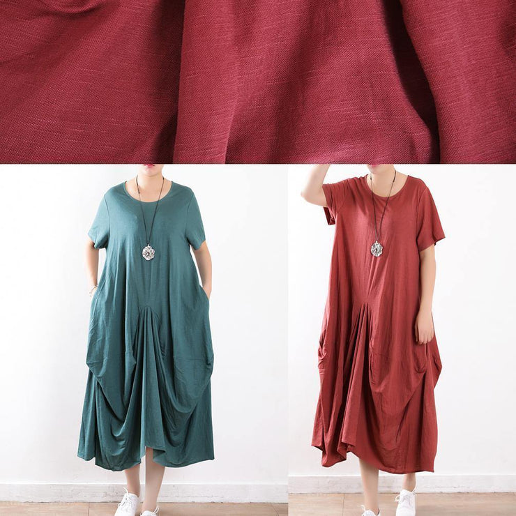French o neck asymmetric linen clothes Casual Photography red loose Dress Summer - SooLinen