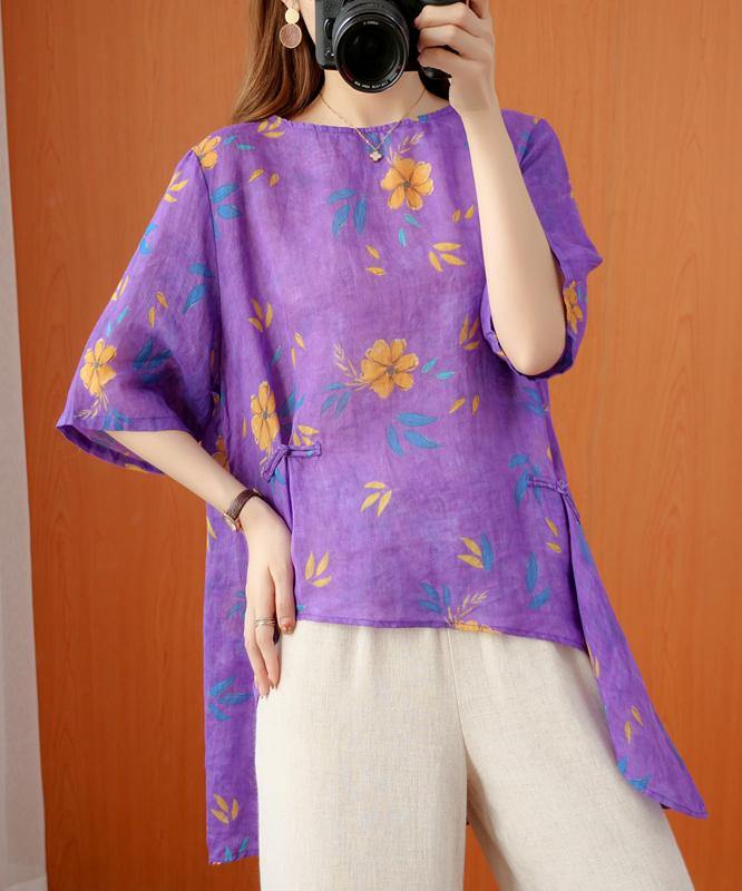 French o neck asymmetric summer top Shirts purple print top - SooLinen