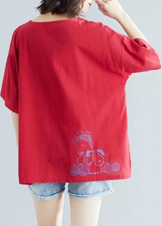 French o neck baggy cotton linen tunics for women red print blouse - SooLinen