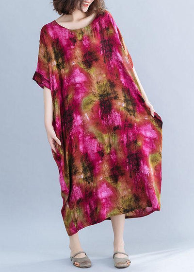 French o neck cotton dresses Shape red prints Maxi Dresses short sleeve summer - SooLinen
