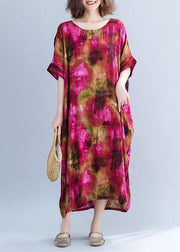 French o neck cotton dresses Shape red prints Maxi Dresses short sleeve summer - SooLinen