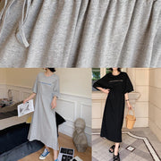 French o neck cotton outfit Fabrics gray drawstring loose Dress summer - SooLinen