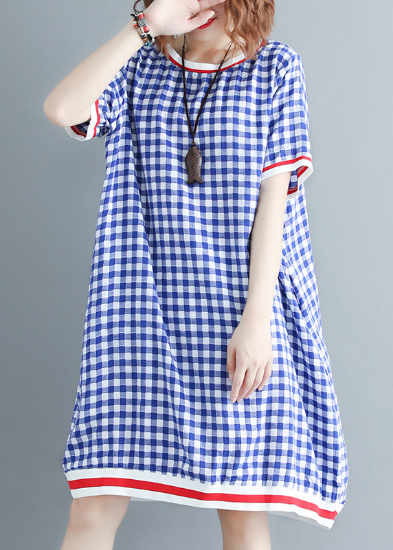 Französisches O-Neck-Baumwoll-Outfit plus Größe Work Outfits blau kariertes Kleid Sommer