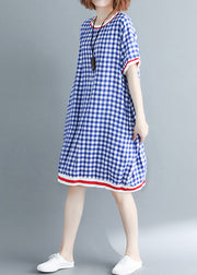 Französisches O-Neck-Baumwoll-Outfit plus Größe Work Outfits blau kariertes Kleid Sommer