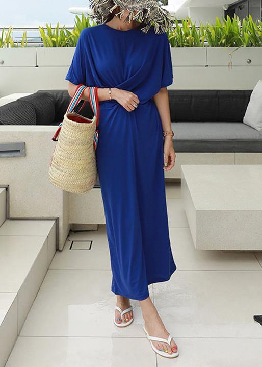 French o neck cotton summer dresses Work Outfits blue Plus Size Dress - SooLinen