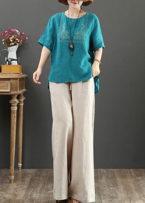 French o neck cotton tunic blue embroidery daily tops - SooLinen