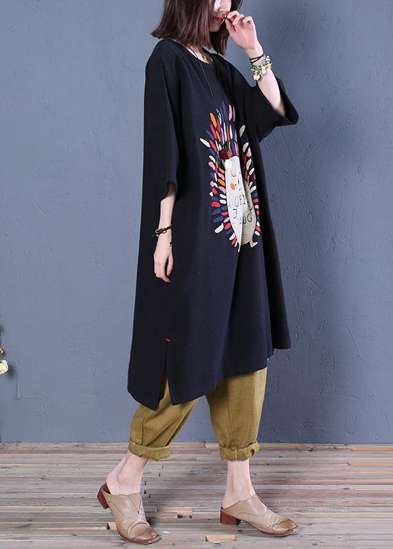 French o neck half sleeve Cotton dresses pattern black print Dress - SooLinen